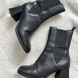 Mango Women's Black Leather Block Heel Ankle Boots Shoe Size EU 38/US 7.5